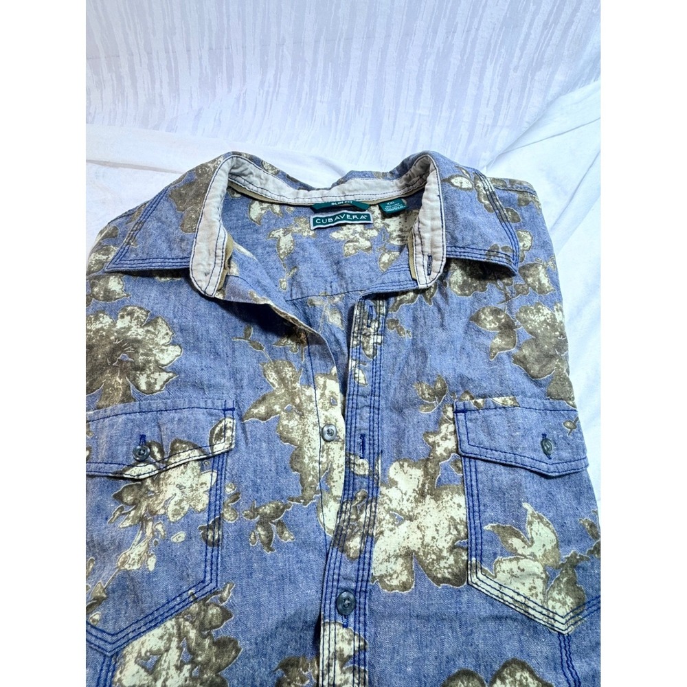 Cubavera Button Down Shirt Mens XXL Blue Excellent Floral Linen Blend Slim Fit